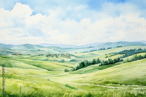 Peaceful and lush green hills stretch across this tranquil watercolor landscape, evoking the essence of pastoral serenity