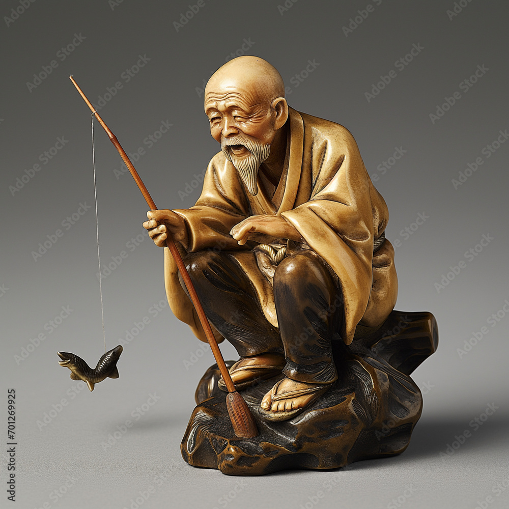 Obraz premium 根付。釣りをする老人。えびす様。象牙。彫刻