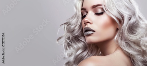 Close-up portrait of a young beautiful Caucasian woman with long platinum blonde hair and closed eyes. Attractive female model with perfect makeup and lush flowing hairstyle. Light grey background. photo