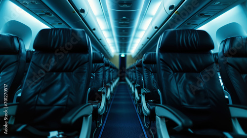 Close-up of a row of leather seats in an airplane cabin. Business trip concept. Generative AI photo