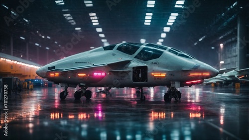 Rainy Cyberpunk Hangar: A massive hangar in an airport complex, drenched in rain. The reflection of neon lights on the wet ground creates a mesmerizing glow. generative ai