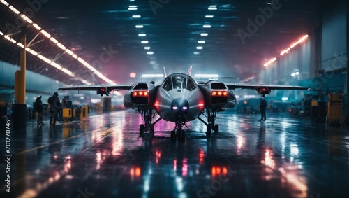 Rainy Cyberpunk Hangar: A massive hangar in an airport complex, drenched in rain. The reflection of neon lights on the wet ground creates a mesmerizing glow. generative ai © Bright