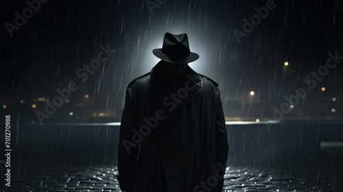 Noir style male detective coat hat rain night street photo