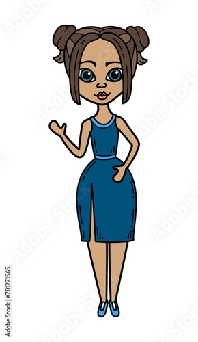 Cartoon woman hand drawn flat illustration. Cute girl in evening dress.