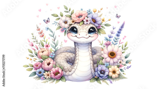 A watercolor snake with a beautiful flower crown for the Chinese zodiac year.