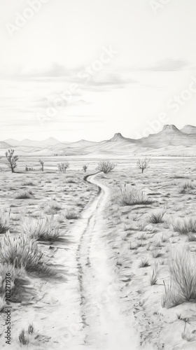 The silent journey of a solitary road in the desert  brought to life with the detailed strokes of pencil art