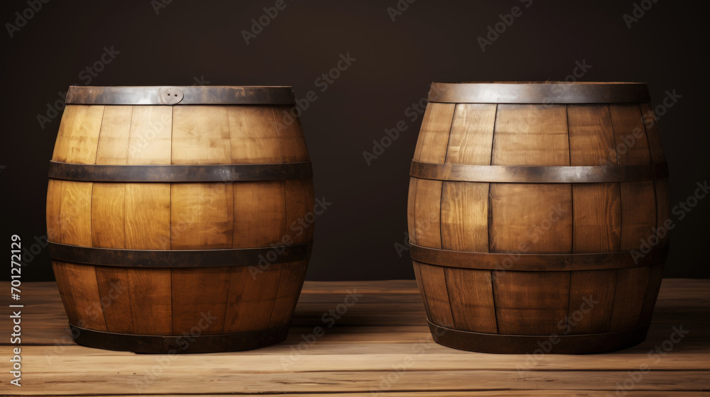 Two wooden barrels on wooden background in cellar of vinery. Generative AI Two wooden barrels on wooden background in cellar of vinery. Generative AI