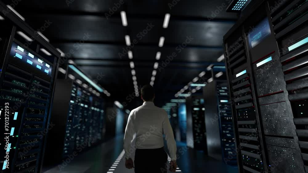 Systeme immunitaire numerique. IT Administrator Activating Modern Data Center Server with Hologram.