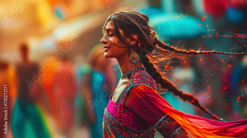 Energetic cool Indian woman in traditional saree dancing on the street. Generative AI photo