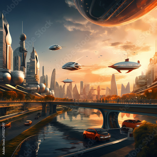 A futuristic cityscape at sunset with flying cars.