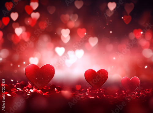 abstract valentine sparkling blurred bokeh glitter red background with hearts with copy space