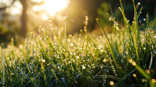 Glistening dew on grass texture with early morning light and freshness.