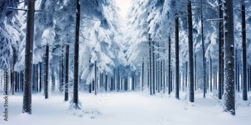 Wide background landscape with rows of pine trees covered in snow. Generative AI © AngrySun