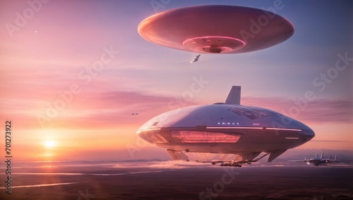 Dawn Departure from the Aerial Spaceport  A futuristic aerial spaceport with aircraft departing into the early morning sky. generative ai