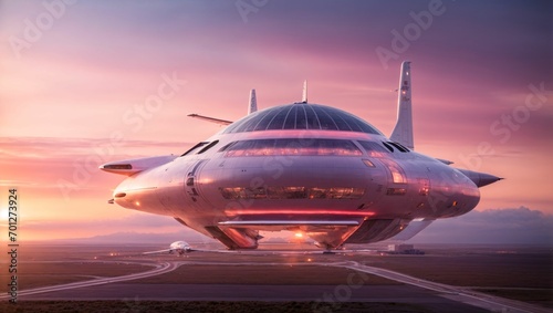 Dawn Departure from the Aerial Spaceport: A futuristic aerial spaceport with aircraft departing into the early morning sky. generative ai