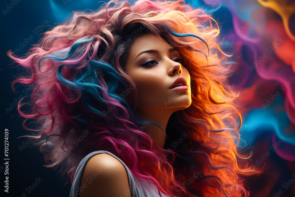 Woman with long hair with colorful hair and cigarette.