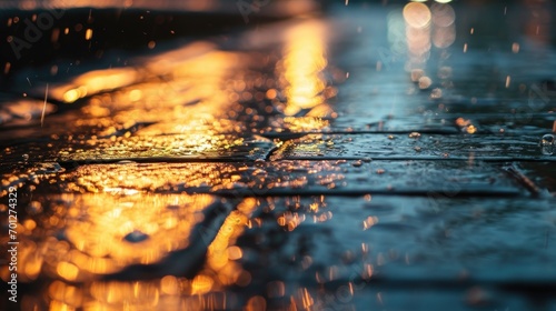 Glistening rain on pavement texture with reflective droplets and urban feel. photo