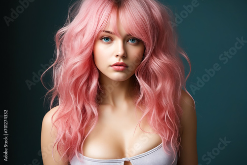 Woman with pink hair and white bra top.