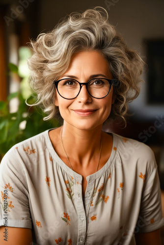 Woman with glasses smiling for picture in room.