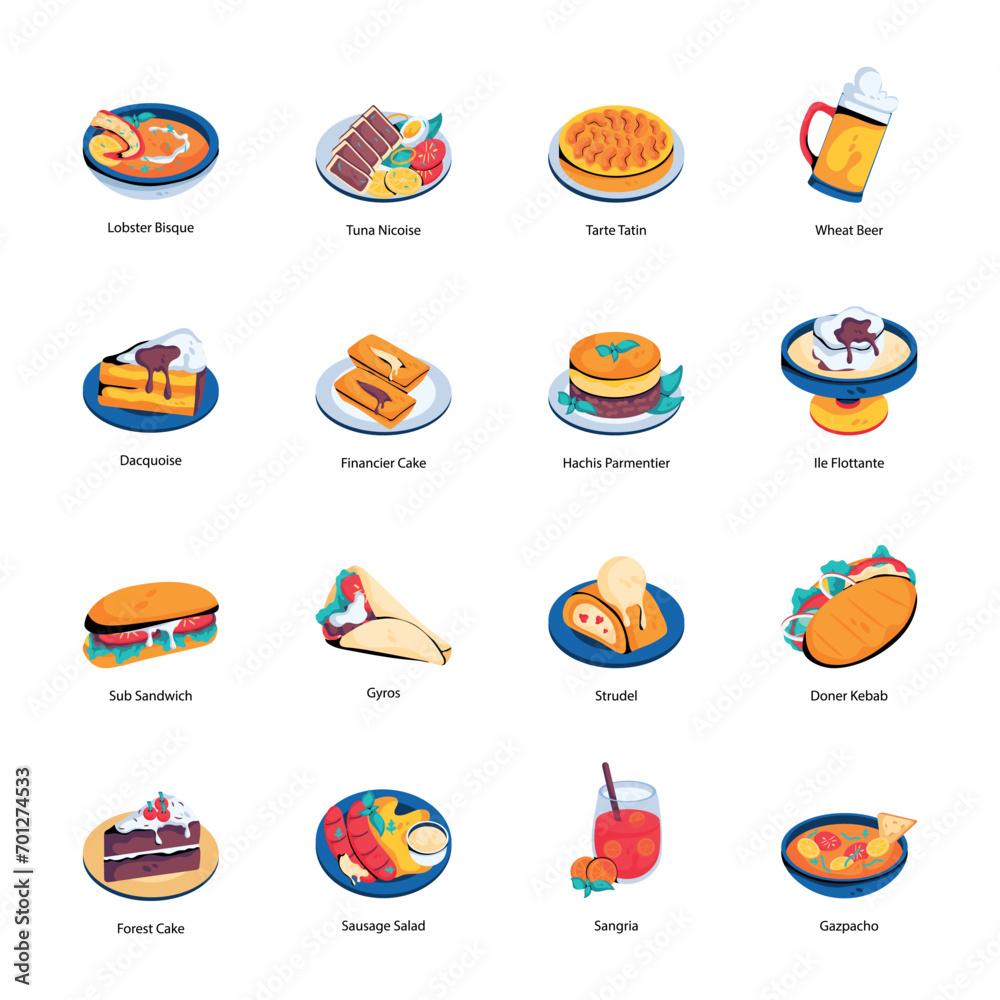 Pack of Traditional Dishes Flat Icons 

