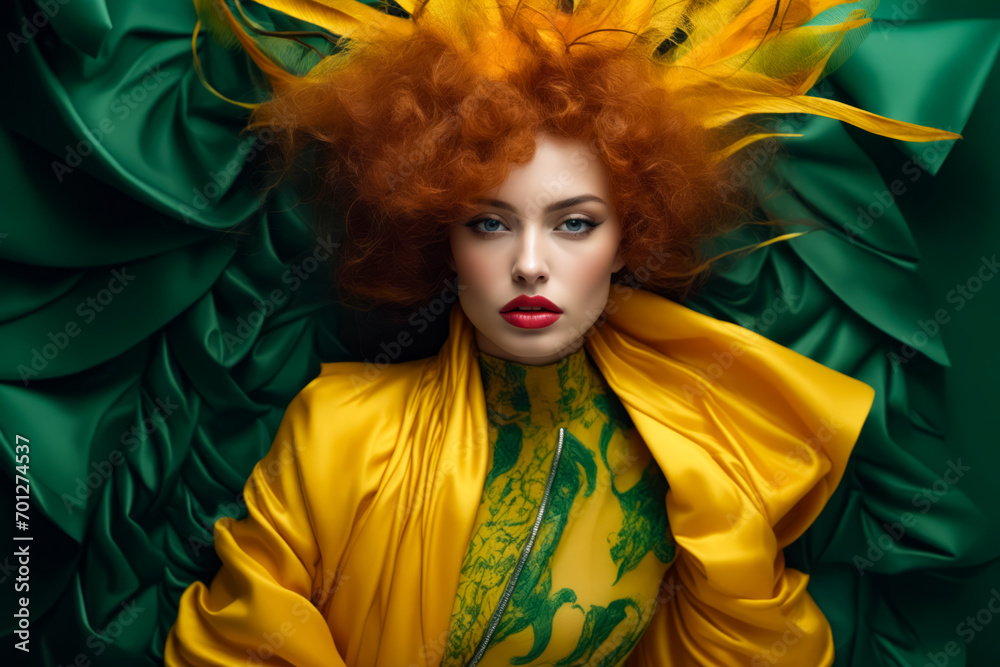 Woman with red hair and yellow dress with green leaves.