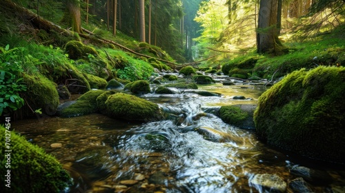 Quiet forest stream with crystal clear water and moss-covered stones.