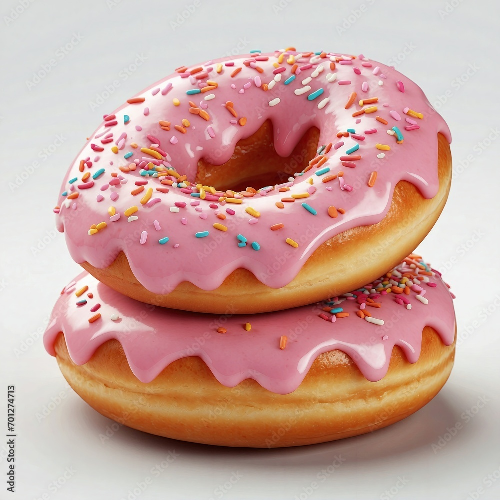 Two pink frosted donuts with colorful sprinkles, stacked on a white surface. Two pink frosted donuts with colorful sprinkles, stacked on a white surface.