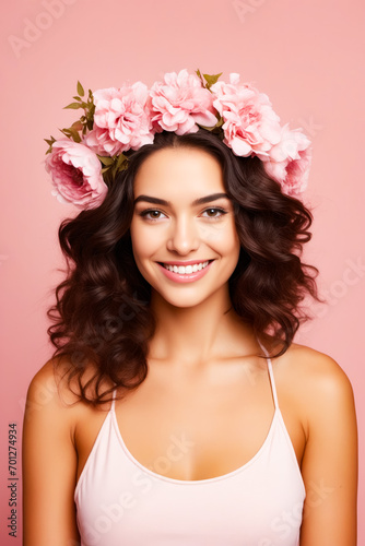 Woman with flowers in her hair smiling at the camera.