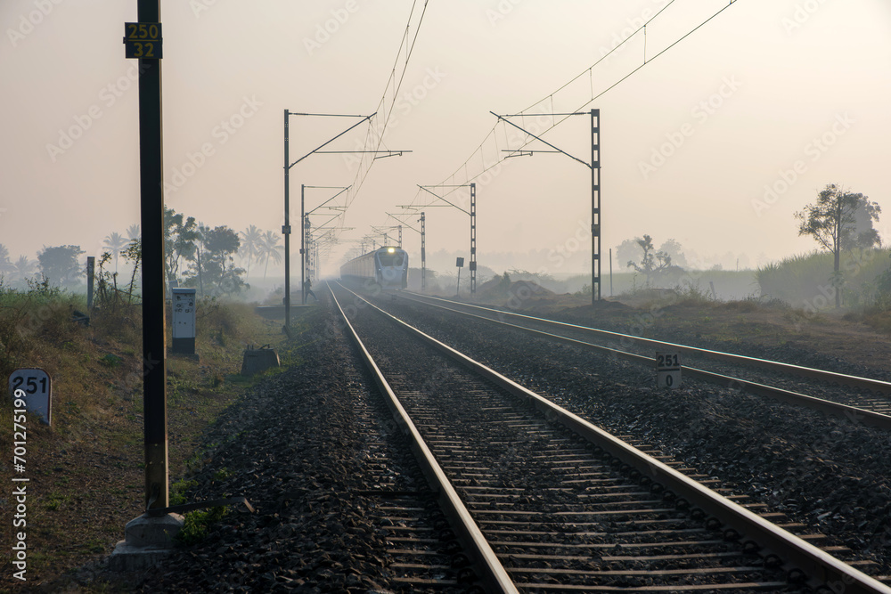 The Solapur Mumbai Vande Bharat Express Train heading towards Mumbai, near Pune India.