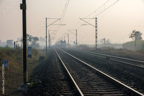The Solapur Mumbai Vande Bharat Express Train heading towards Mumbai, near Pune India.