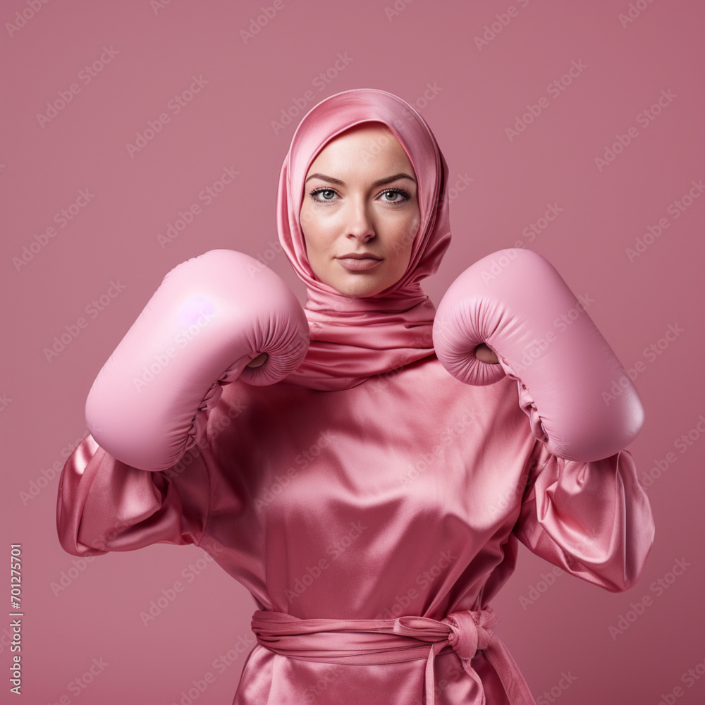 Woman with a pink scarf with cancer with boxing gloves. Concept of combating cancer. Woman with a pink scarf with cancer with boxing gloves. Concept of combating cancer.