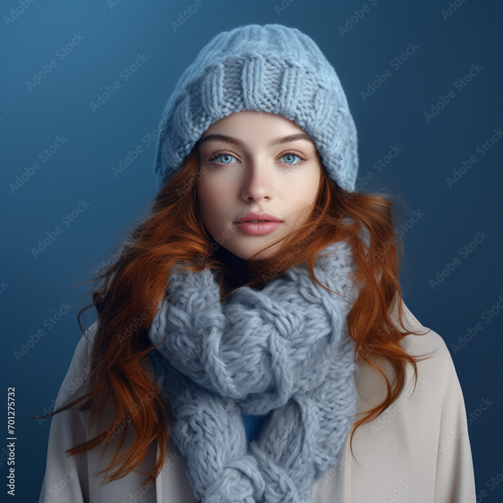 Warm woman in warm clothes on blue background. Warm woman in warm clothes on blue background.