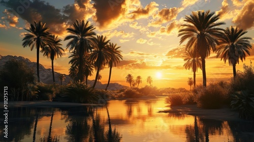 Desert oasis with palm trees, a serene pond, and a vibrant sunset. © Jelena