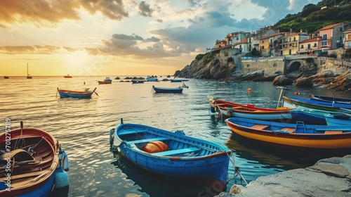 Calm bay with colorful fishing boats and a seaside village.
