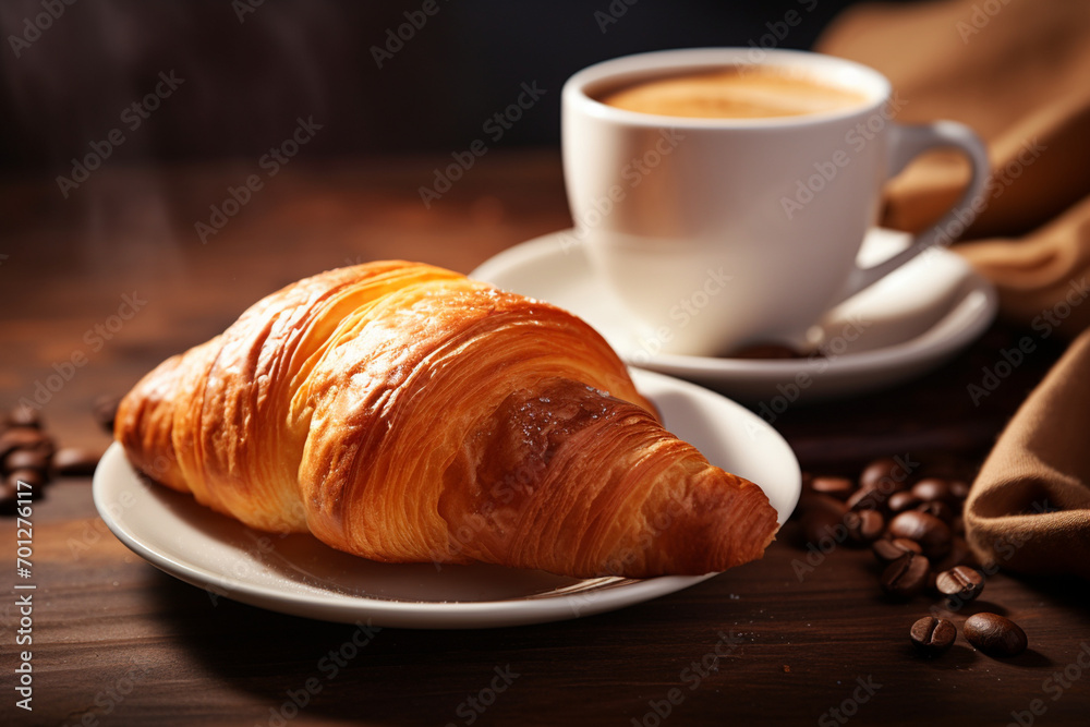 croissant with a cup of coffee on the table. generative ai croissant with a cup of coffee on the table. generative ai
