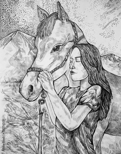 Girl with a horse.Drawn in pencil