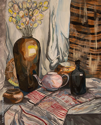 Still life Vase with flowers. On the table. Drawn with paints