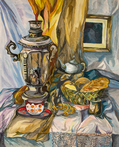 Still life Evening tea party.Painted by hand