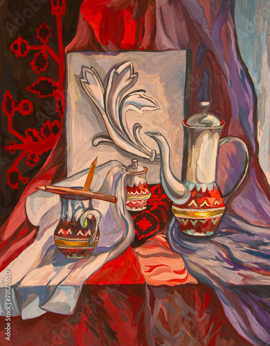 still life with a jug in red tones