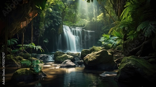 In midday, a tropical forest with a waterfall