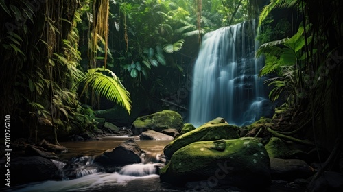 In midday  a tropical forest with a waterfall