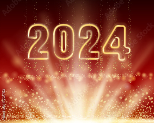 Banner Happy New Year 2024 shining light sparkles, red background