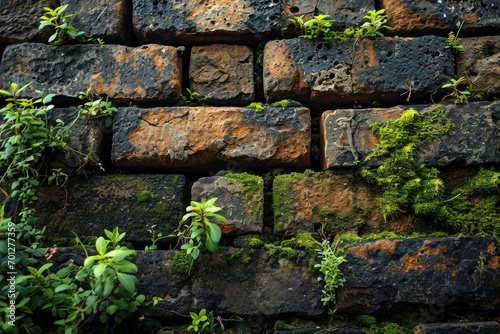 Old bricks overgrown with moss and plants