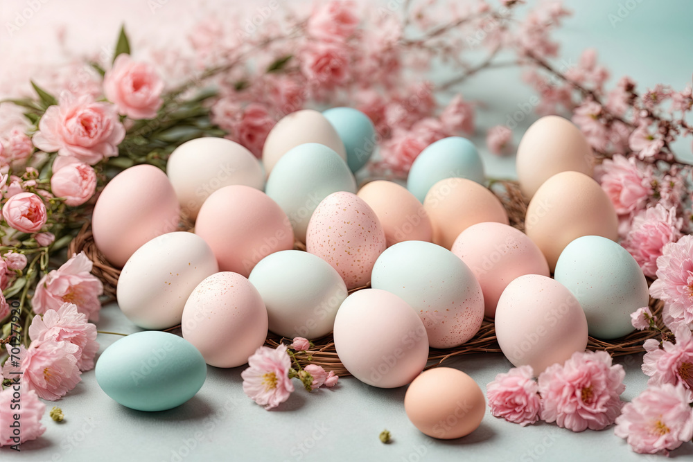 Delicate Easter background, spring concept. Colorful pastel eggs, card, background for Easter. Easter eggs and delicate pink flowers are laid out on a pastel background. Delicate Easter background, spring concept. Colorful pastel eggs, card, background for Easter. Easter eggs and delicate pink flowers are laid out on a pastel background.