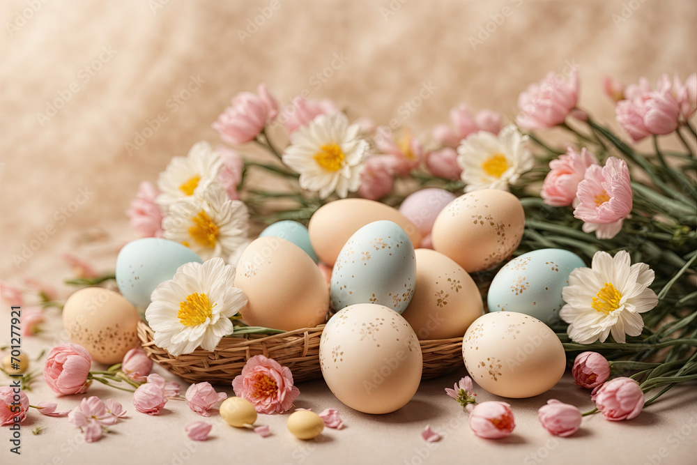 Colored Easter eggs in a basket and delicate pink flowers are laid out on a pastel warm background. Colorful pastel eggs, card, background for Easter.