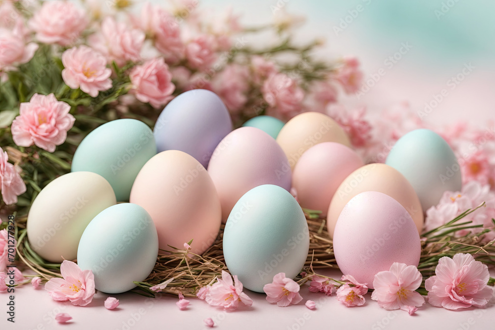 Colorful pastel eggs, card, background for Easter. Delicate Easter background, spring concept. Easter eggs and delicate pink flowers are laid out on a pastel background.