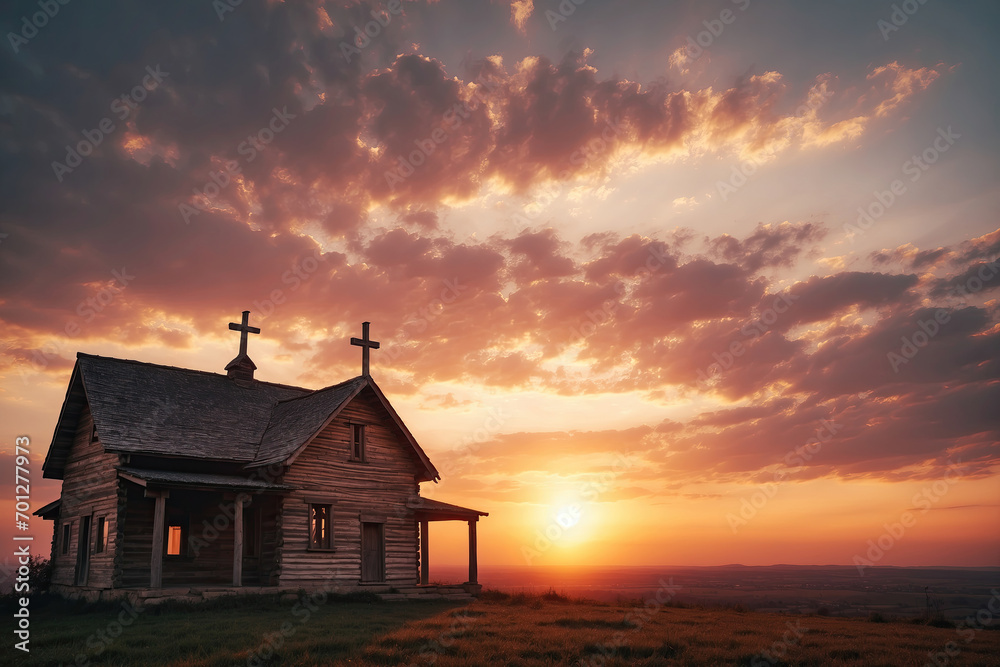 Beautiful sunset with a small church. An old small church in a field at sunset and dawn. Under the rays of light in an open field stands a sacred church. Faith, religion.
