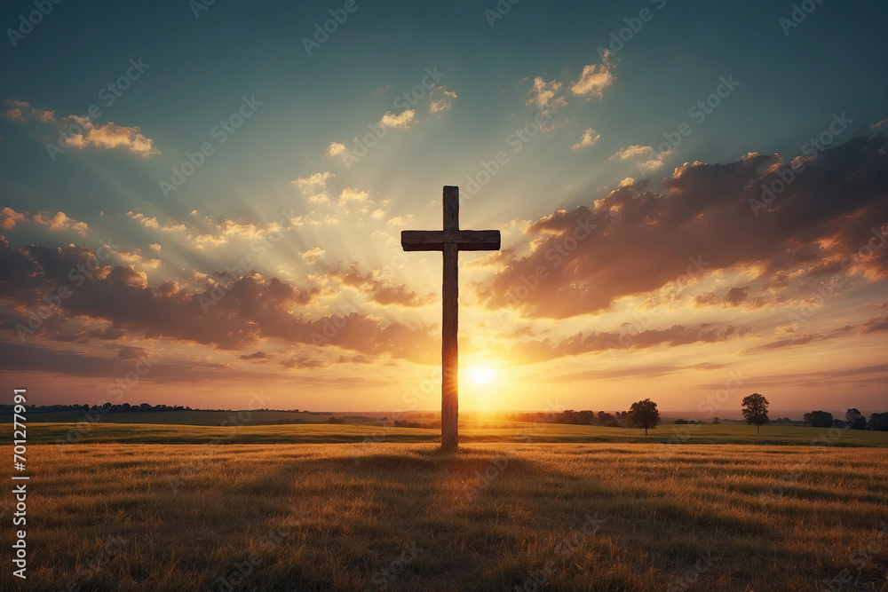 Holy cross at sunset or sunrise in a field, symbolizing the death and resurrection of Jesus Christ. Meadow shrouded in light and clouds, horizontal background, religion, Christianity concept.