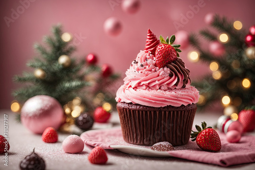 Delicious chocolate cupcakes in New Year's decor. Chocolate muffin with strawberries. New Year's desserts. Holidays, party concept.