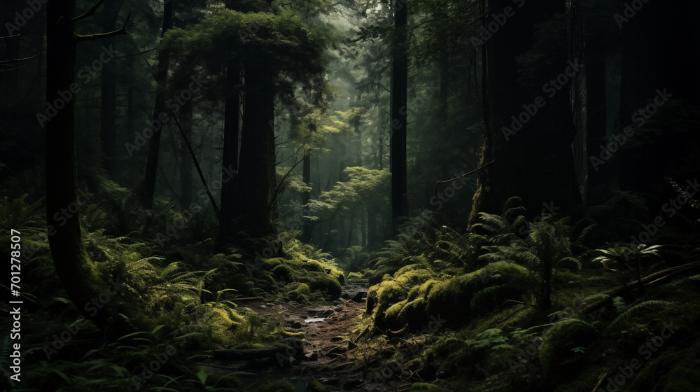 View Rainforest Background for International Day of Forests. The mystical nature of the rainforest. 